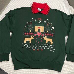 Vintage Christmas Holiday Green Sweater Red Collar with Moose & Heart Prints